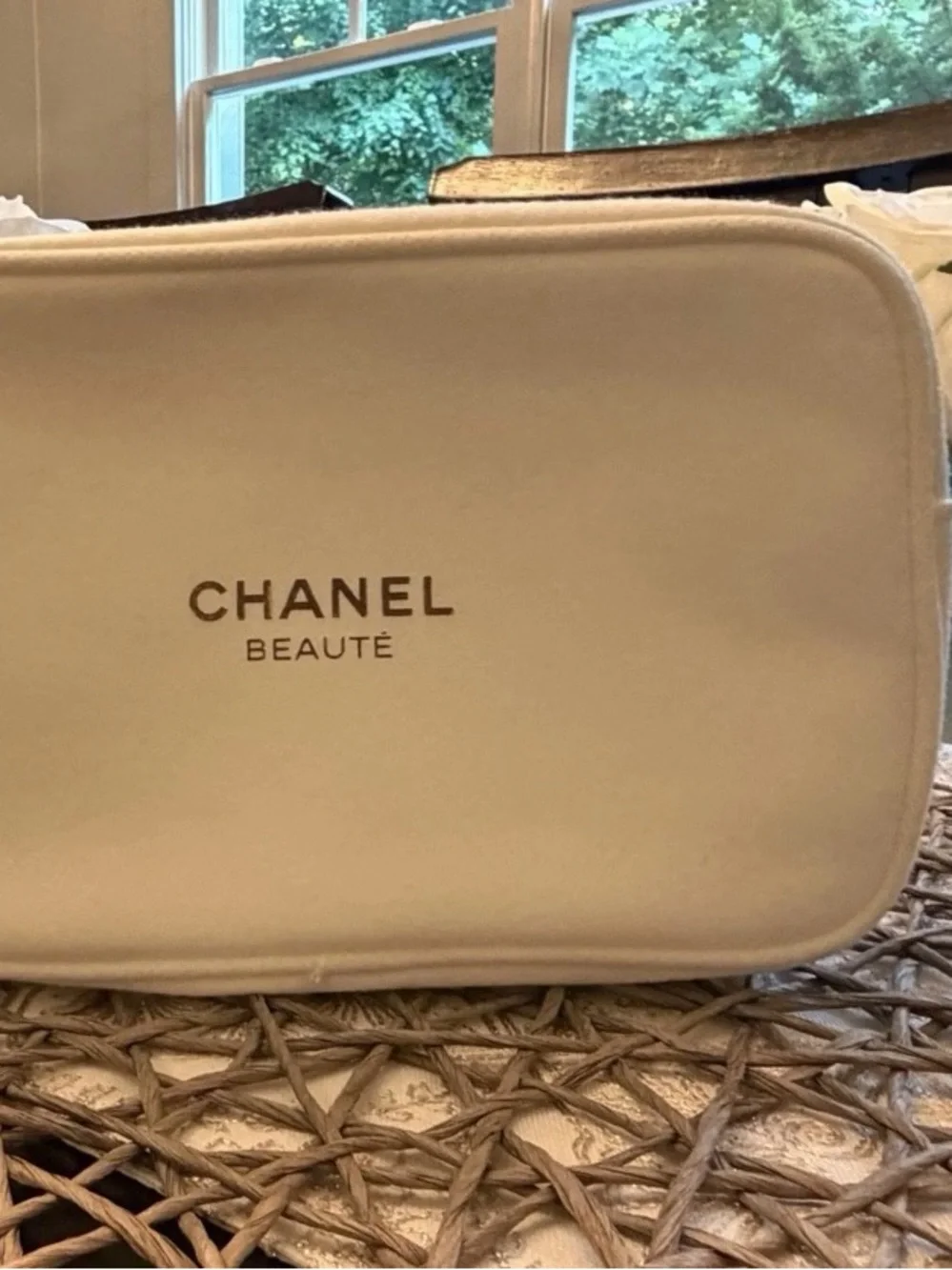 CHANEL Soft White (not cream) Cosmetic Pouch with Gold Logo